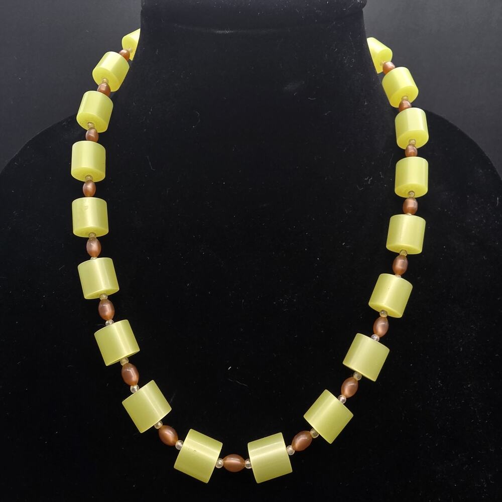Lime Green Moon Glow Beaded Necklace Vintage Plastic Costume Jewelry